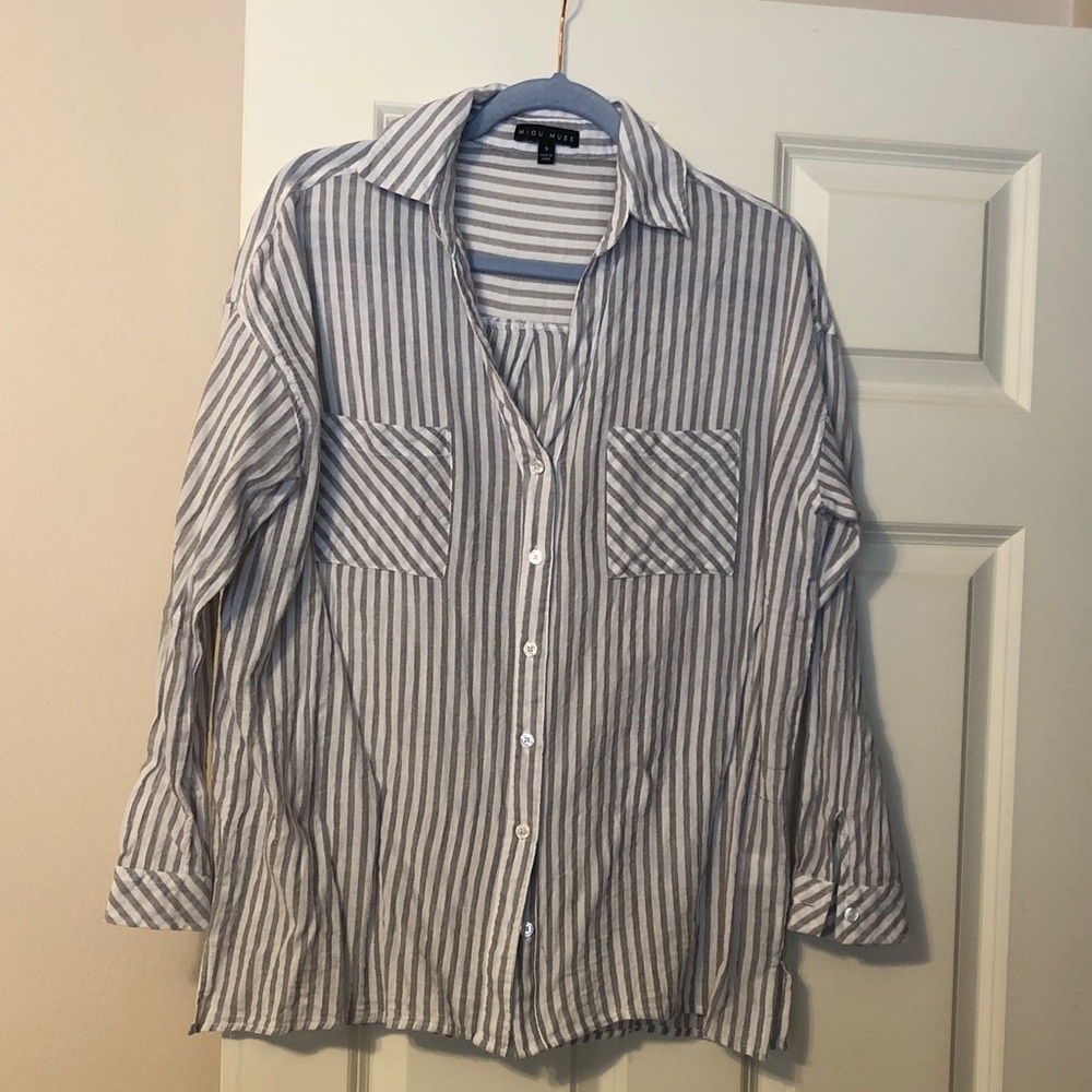 Gray and White Striped Button Down Shirt